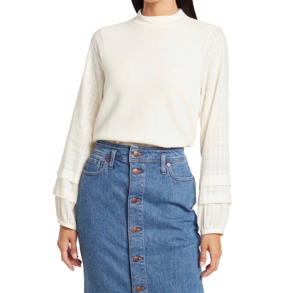 Madewell | Weavemix Mockneck Bubble-Sleeve Top Antique Cream - Size M - Picture 2 of 7